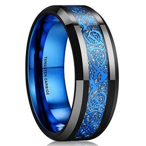 Mens Tungsten Wedding Band 8mm Celtic Wedding Ring Black Blue Inspired Meteorite
